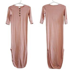 Lou Lou Mabel Striped Pink White Button Down Front Knotted Gown Wrist Cuffs 3-6M